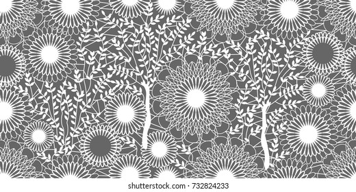 Bosque de invierno nevado. Patrón de Vector sin costuras con textura de encaje estilizada. Creativo estampado de encaje con árboles, arbustos y círculos. Fondo Abstractas con motivos franceses, italianos. Blanco sobre gris.