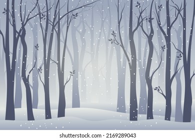 Snowy Winter forest with trees without leaves and hazy backgrounds