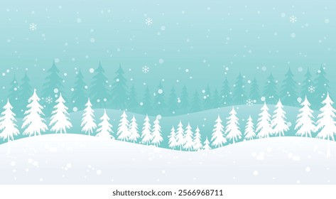 Snowy winter forest vector illustration. Beautiful horizontal Winter landscape of a forest. Snowdrifts and snowfall background with snowy trees. Winter web banner, card, wall paper and cover.