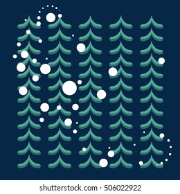Snowy Winter Forest. Vector illustration Christmas trees in a flat style. Green trees on a dark background.