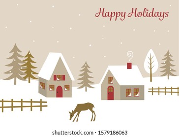 snowy winter holiday scene with houses and deer.