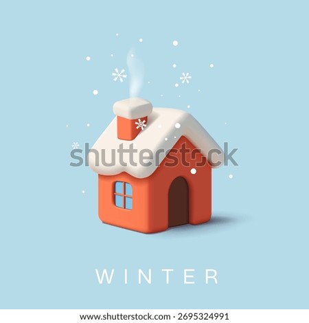 Snowy winter house building, 3D. Snow, eve, celebration banner. Cozy in frosty evenings. Vector illustration.