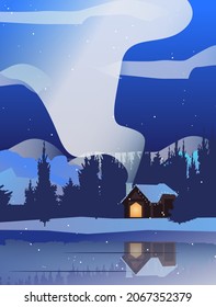 Snowy winter house on river bank with smoke from chimney. Winter snow landscape, reflection in water. Editable vector illustration background