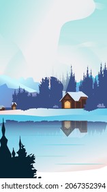 Snowy winter house on river bank with smoke from chimney. Winter snow landscape, reflection in water. Editable vector illustration background