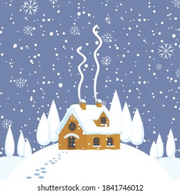Snowy winter landscape or banner with village house on the snow-covered hill and footprints in the snow. Vector illustration, winter background in cartoon style. Gingerbread house