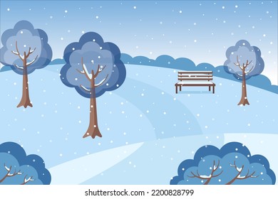 Snowy winter landscape. Bench and trees in the park. Vector illustration, flat design.