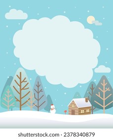 
Snowy winter landscape blank frame with house and wooden snowman