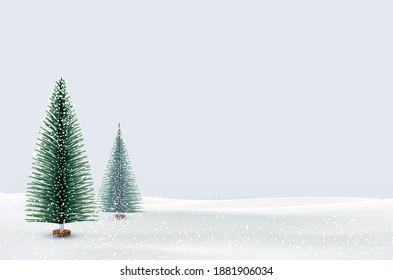 Snowy winter landscape with Christmas trees. Falling snow, snowdrift. Space for text. Vector illustration.