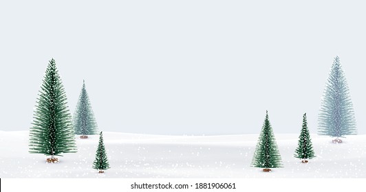 Snowy winter landscape with Christmas trees. Spruce trees. Falling snow, snowdrift. Space for text. Vector illustration.