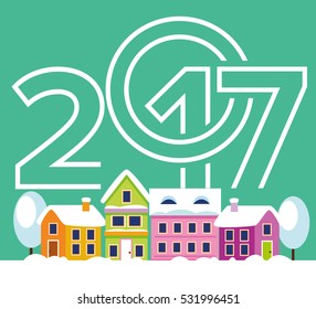 Snowy winter landscape with color house. Happy new year 2017 Text Design vector