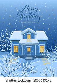 Snowy winter landscape with country house and trees. Merry Сhristmas and New Year holiday. Cozy vector illustration for background