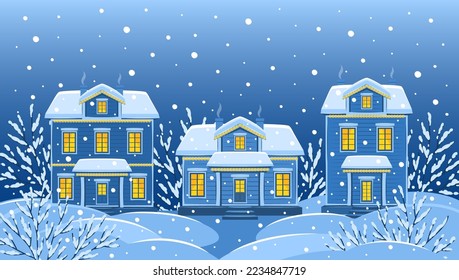 Snowy winter landscape with country houses and trees. Vector illustration for a New Year and Christmas background