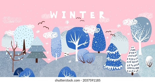 Snowy winter landscape. Cute Christmas poster. Vector scandinavian hand drawn illustration. 