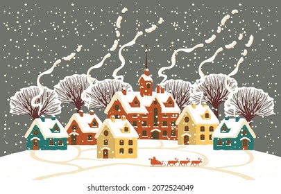 Snowy winter landscape with cute colored houses, snow-covered trees and the silhouette of Santa Claus in a sleigh with reindeer. Beautiful vector illustration, greeting card or banner in cartoon style