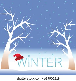 Snowy winter landscape with falling snowflakes
