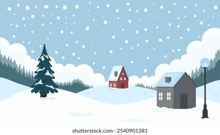 Snowy winter landscape featuring quaint houses and a tall pine tree under a blue sky