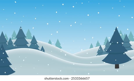 Snowy winter landscape with fir trees. Ideal background for flyer, banner or poster