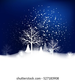 Snowy winter landscape with forest. Vector illustration. greeting card. Vector illustration background. Spruce. Fir. New Year decoration. Hand drawn. Design element for winter.