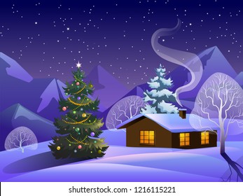 Snowy Winter Landscape House Mountains Christmas Stock Vector (Royalty ...