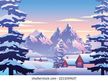 Paisaje De Invierno Nevado Ilustración Con Casa, Pinos Y Montañas