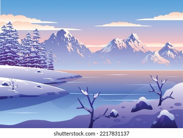 Snowy Winter Landscape Illustration With Lake, Pine Trees, And Mountains