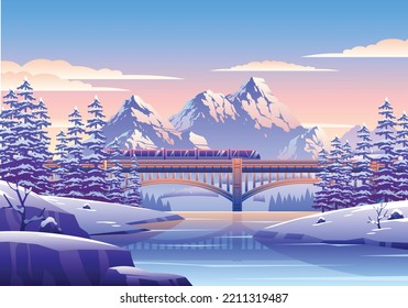 Snowy Winter Landscape Illustration With Train, Bridge, Pine Trees, And Mountains