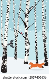Snowy winter landscape with leafless birch trees and cartoon animals illustration. 