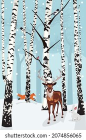 Snowy winter landscape with leafless birch trees and cartoon animals illustration. 