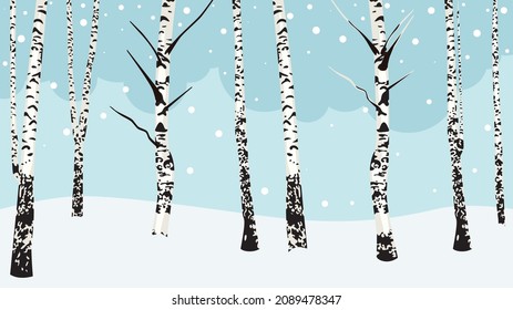 Snowy winter landscape with leafless birch trees illustration. 