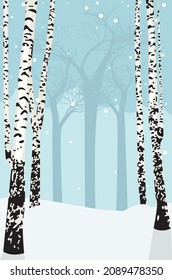 Snowy winter landscape with leafless birch trees illustration. 