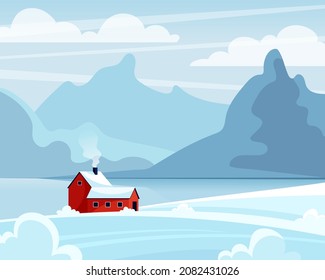 Snowy winter landscape with mountains, snowdrifts, ocean, bushes and house. Winter background. Vector illustration.