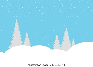 snowy winter landscape and pine trees in the foreground.