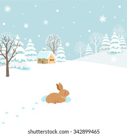 Snowy winter landscape with rabbit