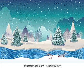 Snowy winter landscape with river, fir trees and big mountain.