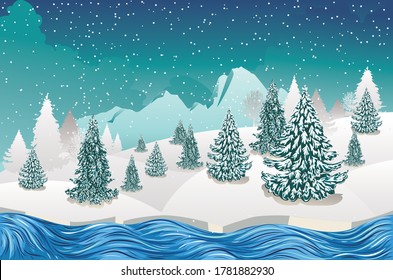 Snowy winter landscape with river, fir trees and big mountain.
