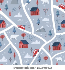 Snowy winter landscape with roads and bears. New Year seamless pattern