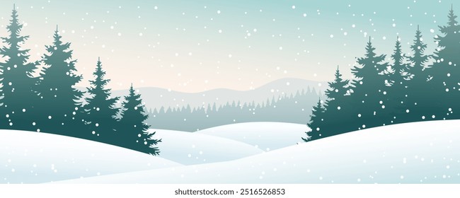 Snowy winter landscape. Snow in the winter forest. Trees, pine and spruce, sun loungers and falling snow. Vector illustration of a Christmas landscape.