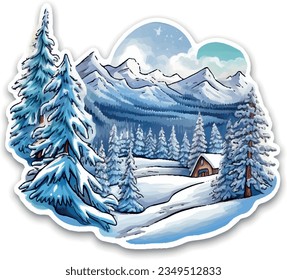 snowy winter landscape sticker, christmas season 