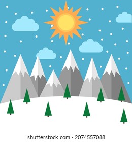 Snowy winter landscape with sun, snowfall, mountains and trees. New Year, Christmas, holiday, season and nature concept. Flat design. Vector illustration. EPS 8, no gradients, no transparency