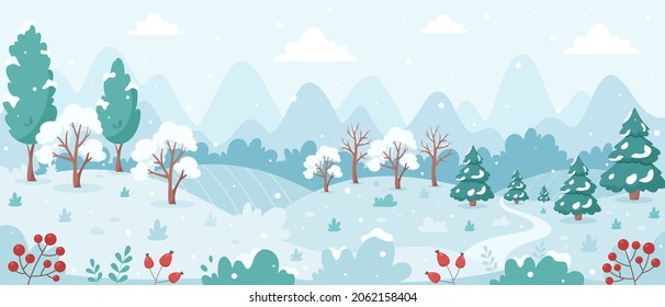 Snowy winter landscape with trees, mountains, fields. Countryside landscape. Winter background. Vector illustration.
