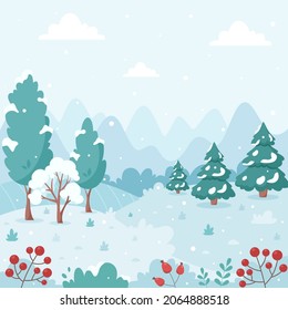Snowy winter landscape with trees, mountains, fields. Countryside landscape. Winter background. Vector illustration.