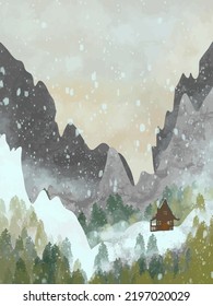 Snowy winter mountains landscape, with blizzard and cozy house.