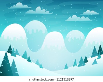 Snowy winter mountains landscape with pine tree. Flat design style. Vector illustration.