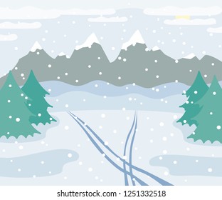 Snowy Winter Mountains Landscape With Ski Tracks On Snow, Spruce Trees, Forest And Hills, Winter Outdoor View With Traces, Countryside Nature Illustration, Vector