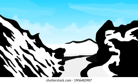 Snowy winter mountains. Walking path that is cold in the clear sky. Vector illustration.