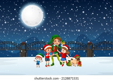 Snowy winter night with Christmas children and a dog illustration
