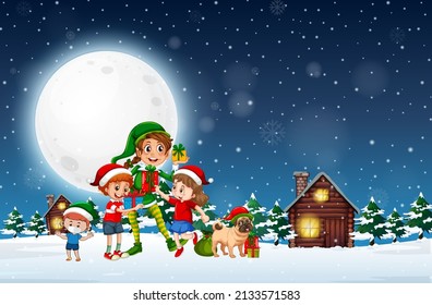 Snowy winter night with Christmas elf and children illustration