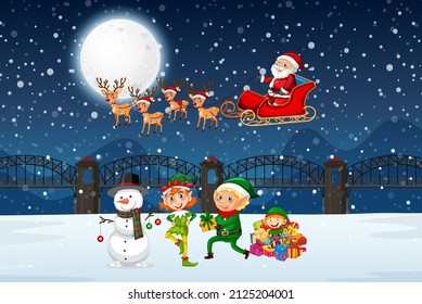 Snowy winter night with Christmas elves and santa claus on sleigh illustration