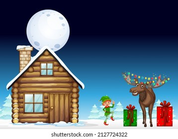 Snowy winter night with Christmas elves and a house illustration