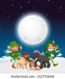 Snowy winter night with Christmas elves and dogs illustration